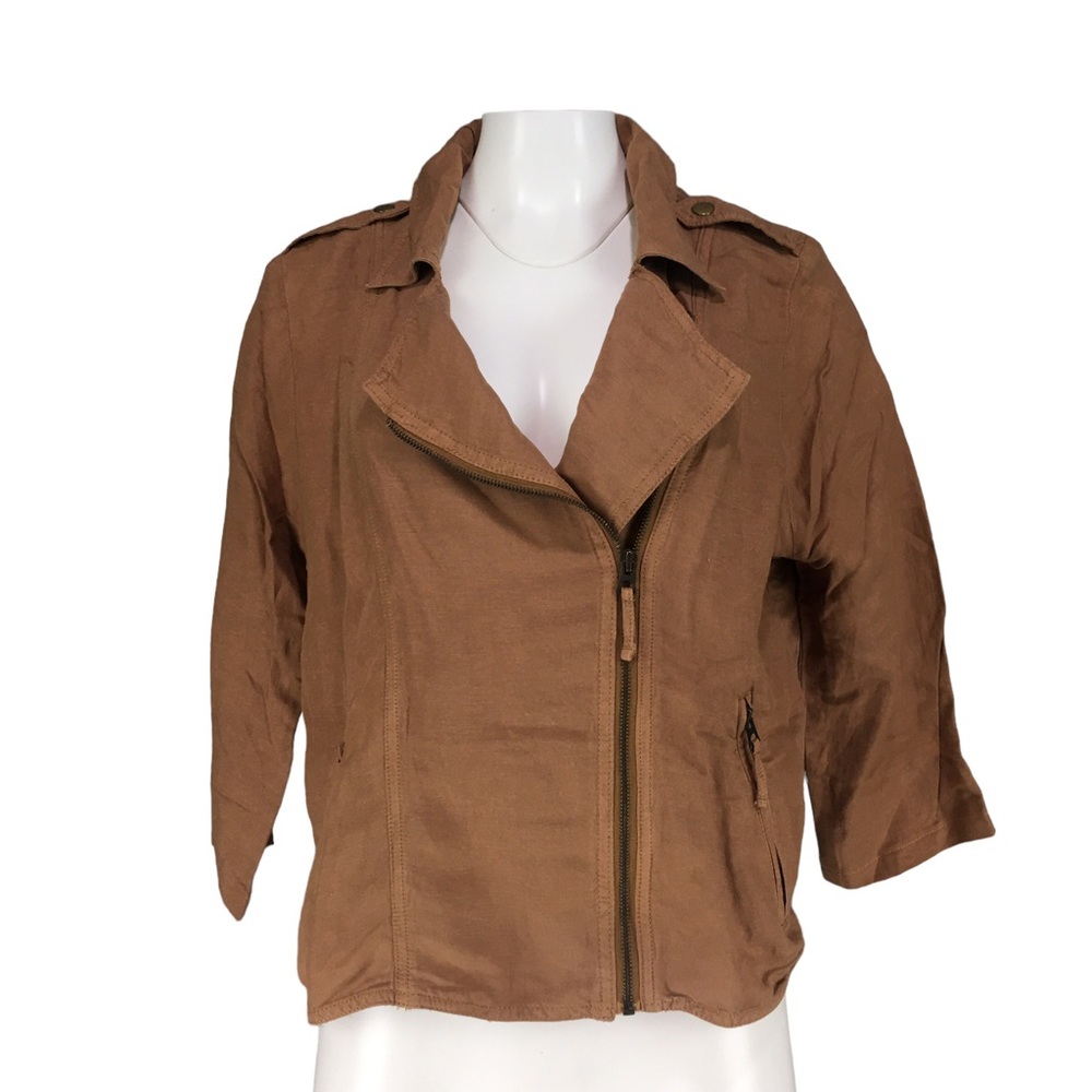 Lucky Brand Addisyn Moto Jacket Zip Up Linen Blend Asymmetric Zipper Brown XL